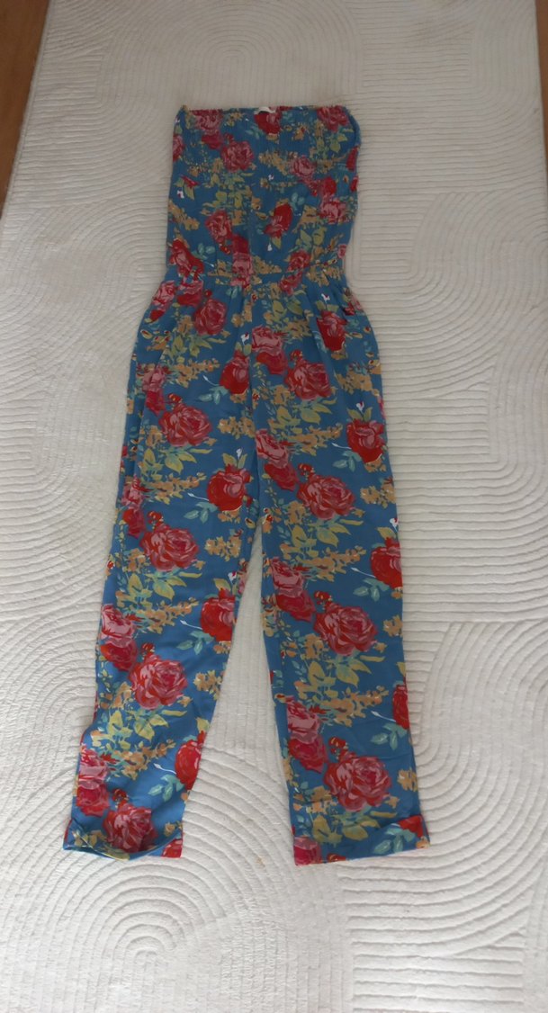 Çiçek Desenli Straplez Bohem Tulum viskon kumaş tiri tiril - Görsel 5