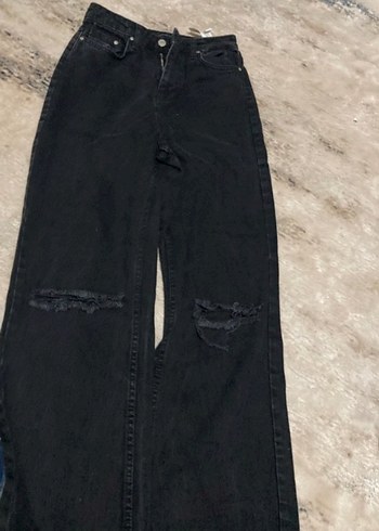 Siyah Yırtık Detaylı bol paça uzun Kot Pantolon - Görsel 2