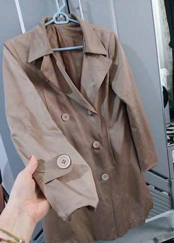 Bej Kadın Süet Düğmeli Midi Trençkot - Görsel 4