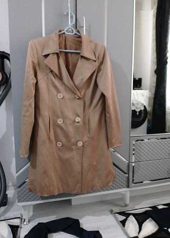 Bej Kadın Süet Düğmeli Midi Trençkot - Görsel 2