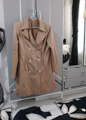 Bej Kadın Süet Düğmeli Midi Trençkot - Görsel 3