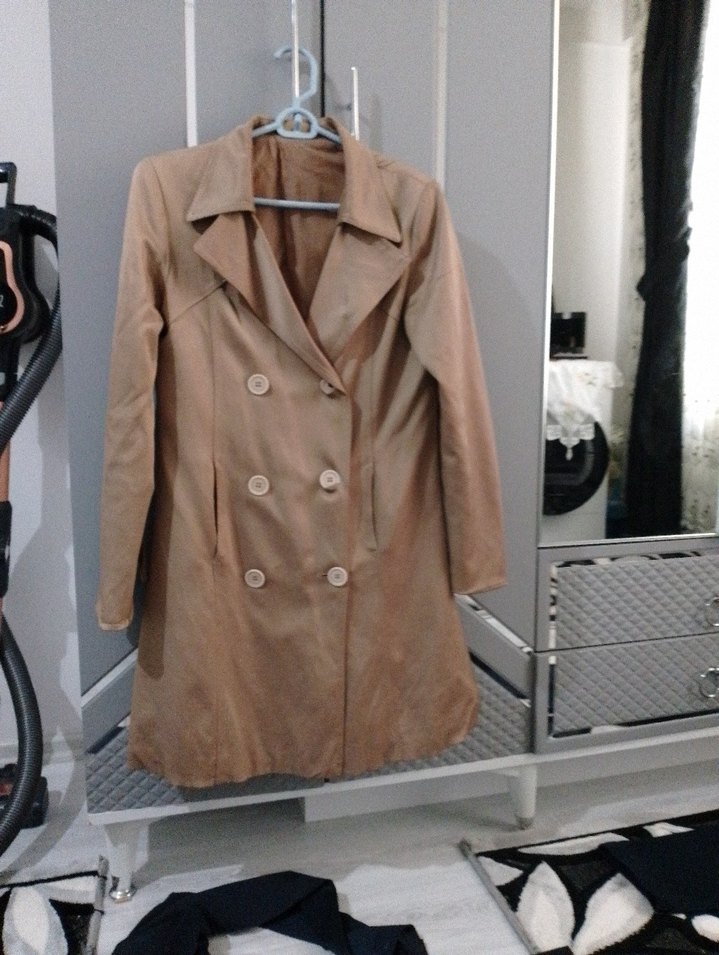 Bej Kadın Süet Düğmeli Midi Trençkot - Görsel 2