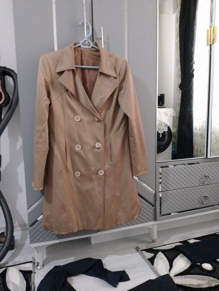 Bej Kadın Süet Düğmeli Midi Trençkot - Görsel 3