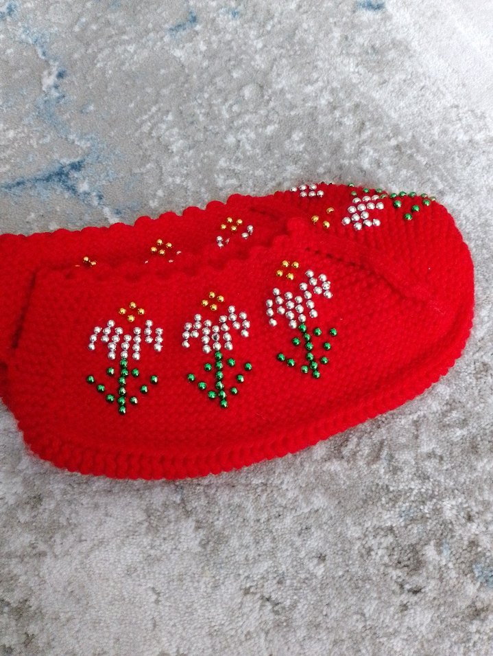 Nakışlı Kırmızı Örgü patik - Görsel 2