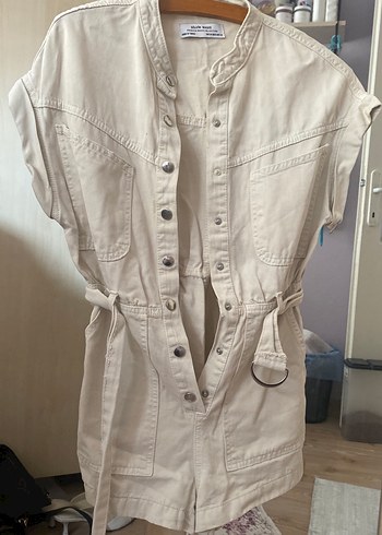 Bej Düğmeli Kısa Denim Tulum
