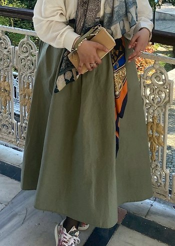 Kadın Haki Uzun Keten Pilili Etek - Görsel 4