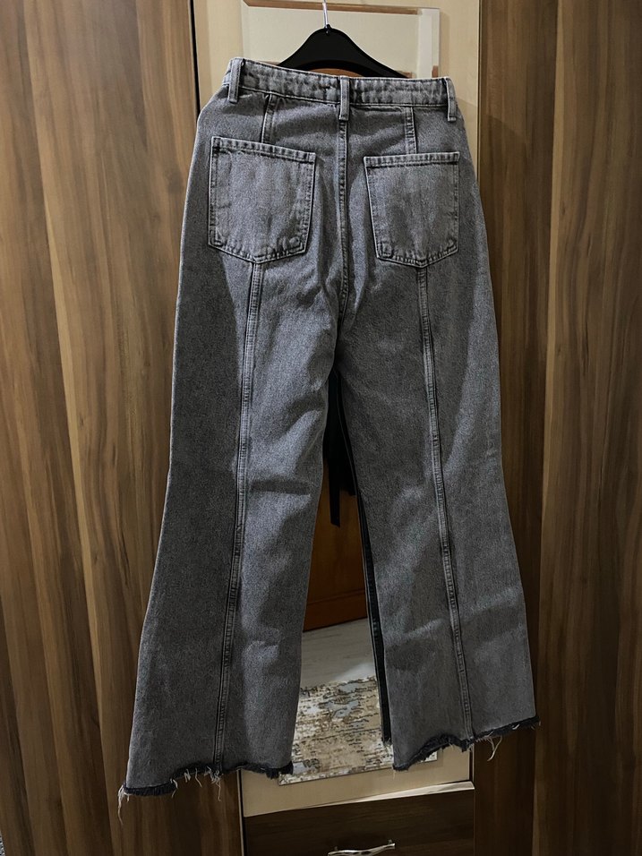 Gri Bağcıklı Salaş Midi Kot Pantolon - Görsel 4