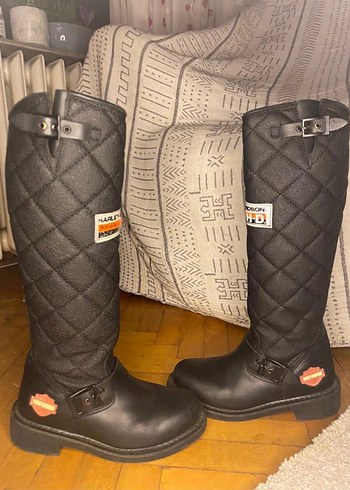 Siyah Deri Biker Kadın Diz Boyu Çizme - Görsel 2