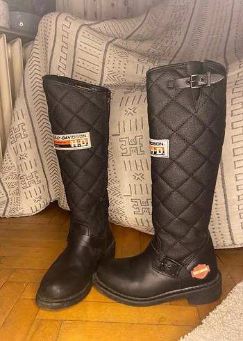 Siyah Deri Biker Kadın Diz Boyu Çizme - Görsel 3