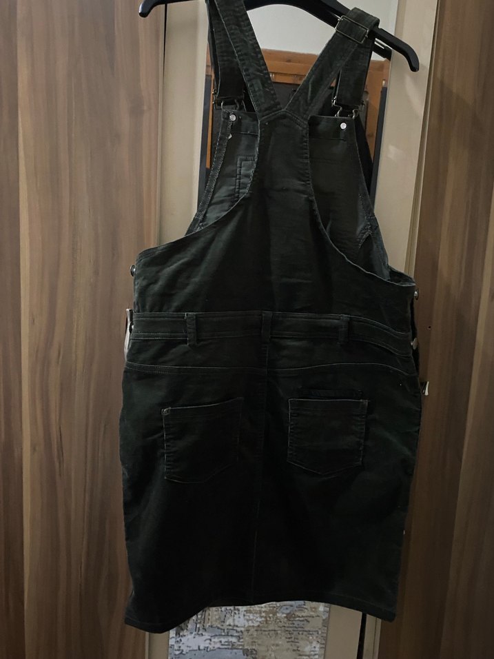 Kemerli Siyah Denim Midi Salopet - Görsel 2