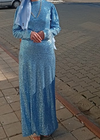 Parlak Mavi Uzun Kollu Kadın Abiye Elbise - Görsel 3