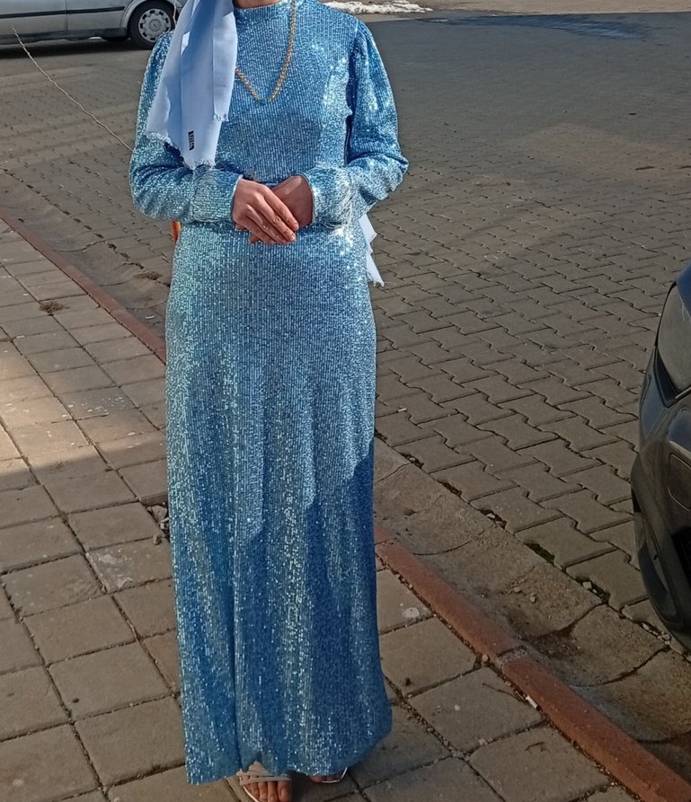 Parlak Mavi Uzun Kollu Kadın Abiye Elbise - Görsel 3