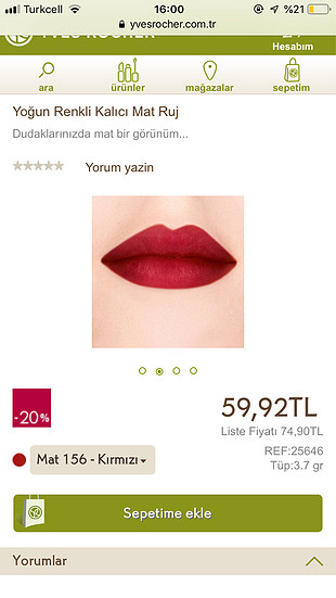 Yves Rocher 156 Mat Ruj Yves Rocher Makyaj %58 İndirimli - Gardrops