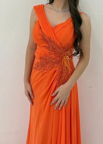Turuncu İşlemeli Uzun Drapeli Abiye Elbise - Görsel 3
