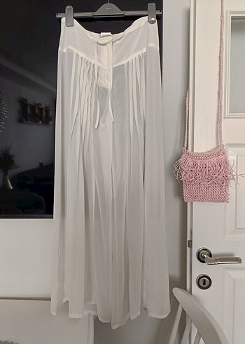 Beyaz Piliseli astarsz Uzun Kadın pantolon Etek - Görsel 4