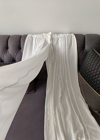 Beyaz Piliseli astarsz Uzun Kadın pantolon Etek - Görsel 2