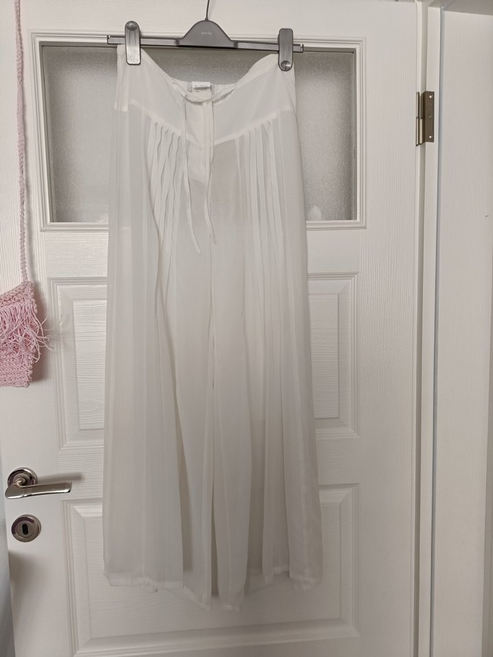 Beyaz Piliseli astarsz Uzun Kadın pantolon Etek - Görsel 3