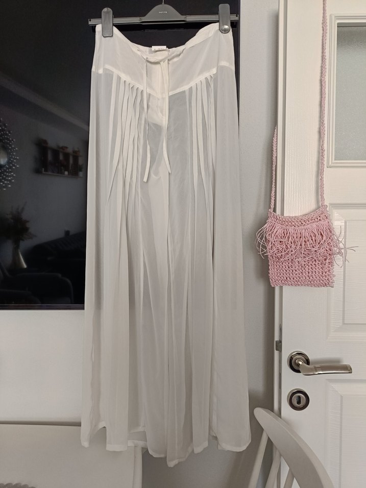 Beyaz Piliseli astarsz Uzun Kadın pantolon Etek - Görsel 4