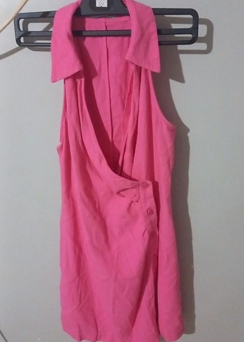 Pembe Kolsuz Midi Keten Elbise