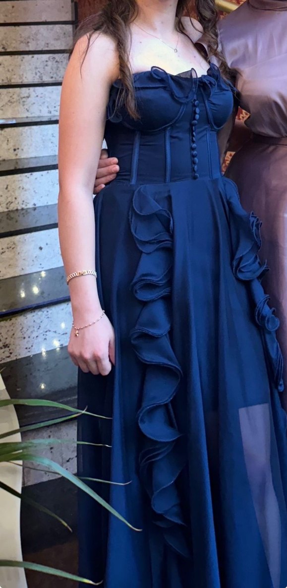 Uzun Lacivert Straplez Abiye Elbise - Görsel 2