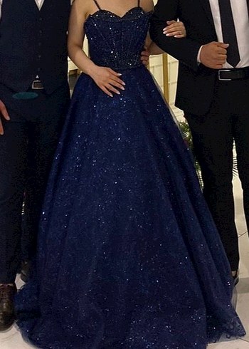 Lacivert İşlemeli Parlak Nişan Elbisesi - Görsel 2