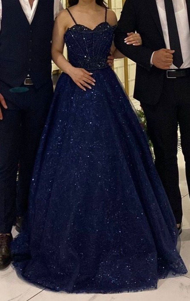 Lacivert İşlemeli Parlak Nişan Elbisesi - Görsel 2