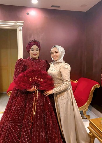 Uzun Kollu krem taşlı Tesettür Abiye Elbise - Görsel 4