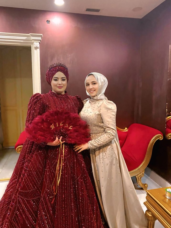 Uzun Kollu krem taşlı Tesettür Abiye Elbise - Görsel 4