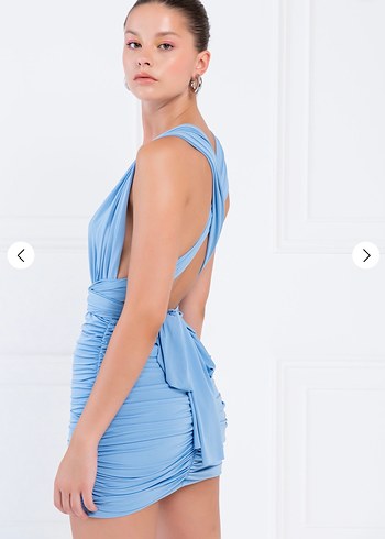 Mavi Drapeli V Yaka Mini Elbise - Görsel 2