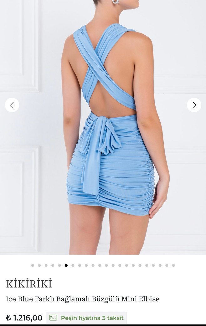 Mavi Drapeli V Yaka Mini Elbise - Görsel 3