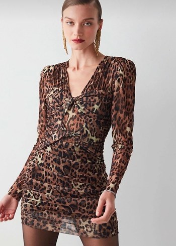 Leopar Desenli Drapeli Kahverengi Elbise - Görsel 2