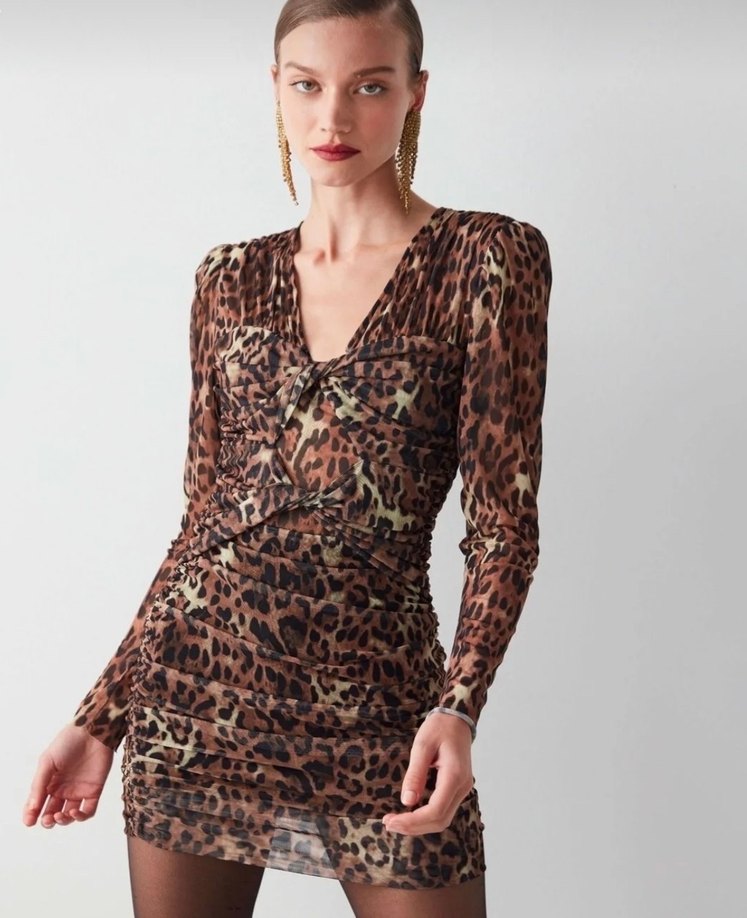 Leopar Desenli Drapeli Kahverengi Elbise - Görsel 2