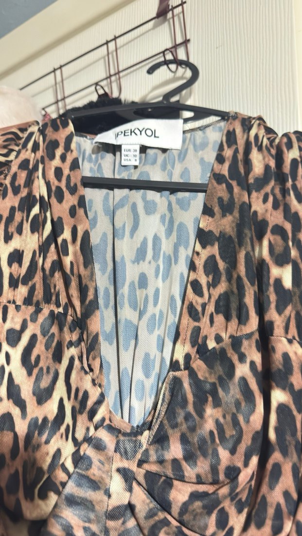 Leopar Desenli Drapeli Kahverengi Elbise - Görsel 5