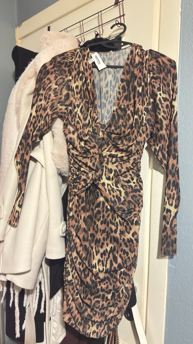 Leopar Desenli Drapeli Kahverengi Elbise - Görsel 4