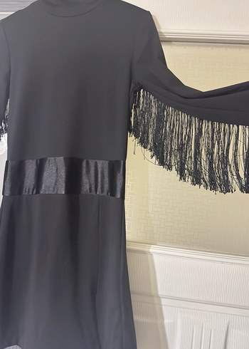 Siyah Deri Püsküllü Mini Elbise - Görsel 3