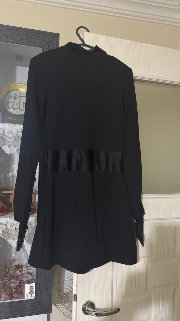 Siyah Deri Püsküllü Mini Elbise - Görsel 2