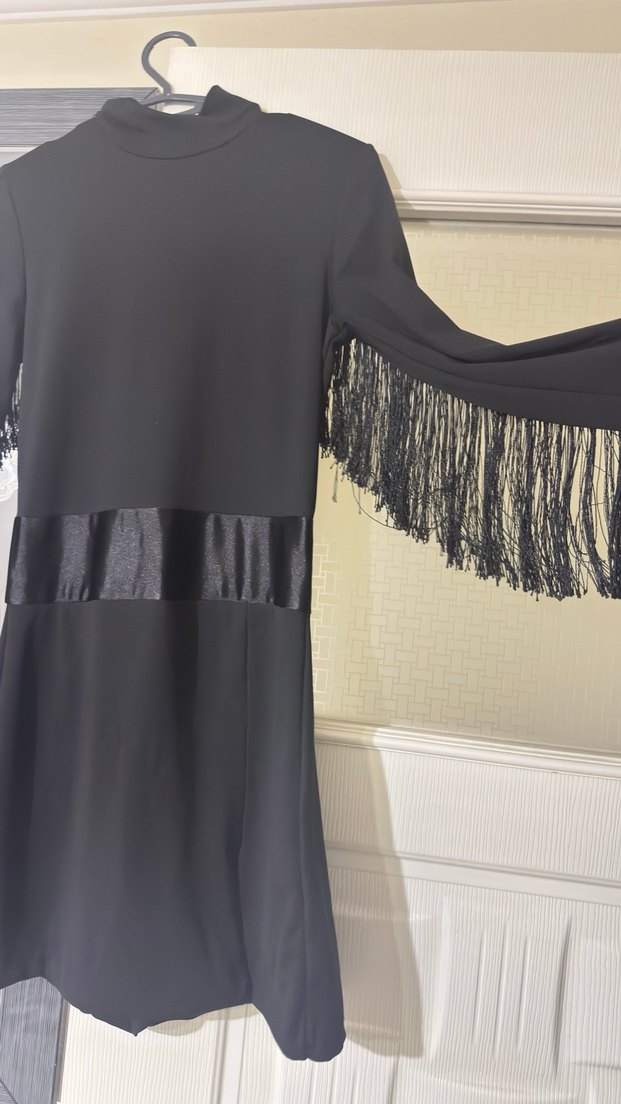 Siyah Deri Püsküllü Mini Elbise - Görsel 3