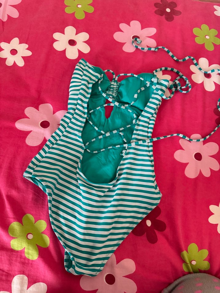 Turkuaz Çizgili Tokalı Kadın Mayo - Görsel 3