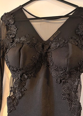 Uzun Kollu Siyah Dantel İşlemeli Gotik Elbise - Görsel 2