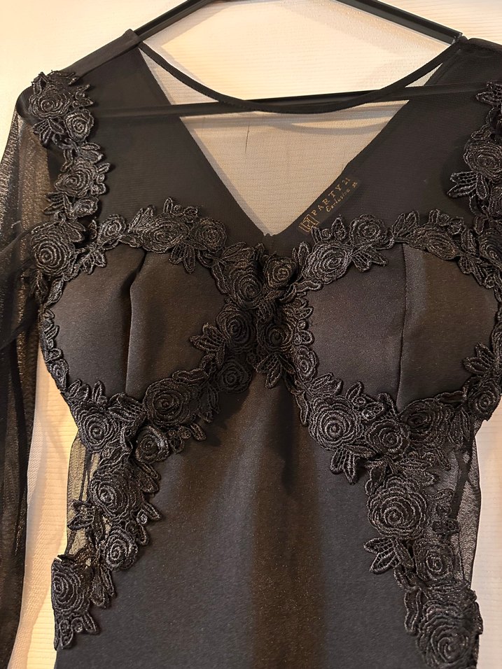 Uzun Kollu Siyah Dantel İşlemeli Gotik Elbise - Görsel 2