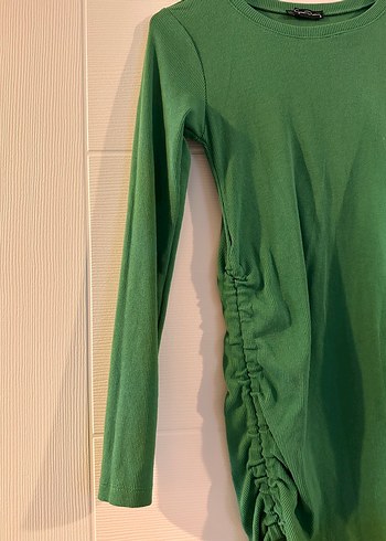 Drapeli Uzun Kollu Yeşil Midi Triko Elbise - Görsel 3