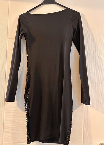 Siyah Pul İşlemeli Uzun Kollu Mini Elbise - Görsel 3