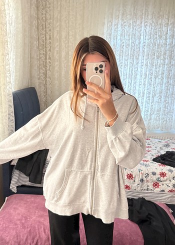 H&M Kapüşonlu Fermuarlı Oversize Gri Sweatshirt