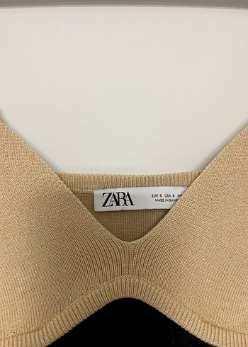 Zara Bej ve Siyah V Yakalı Midi Elbise - Görsel 3