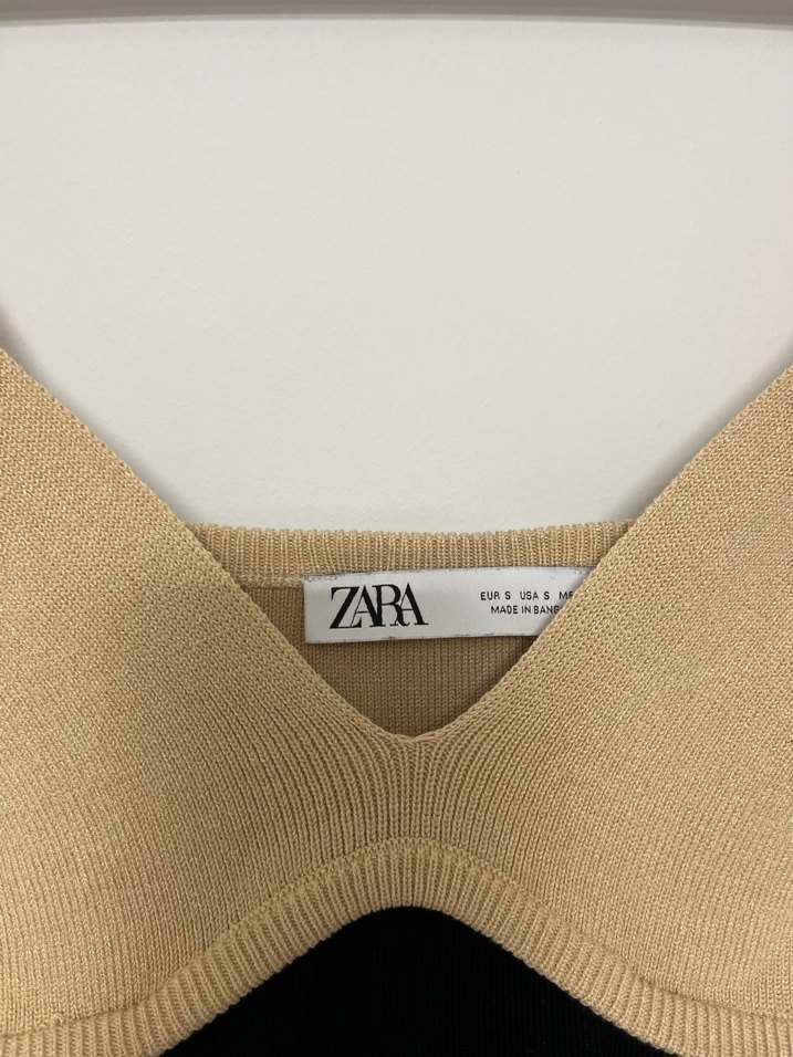 Zara Bej ve Siyah V Yakalı Midi Elbise - Görsel 3