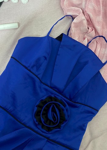 Mavi Straplez Drapeli Midi Abiye Elbise - Görsel 2