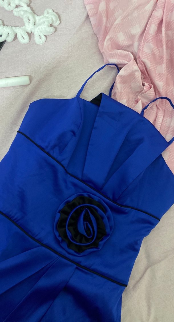 Mavi Straplez Drapeli Midi Abiye Elbise - Görsel 2