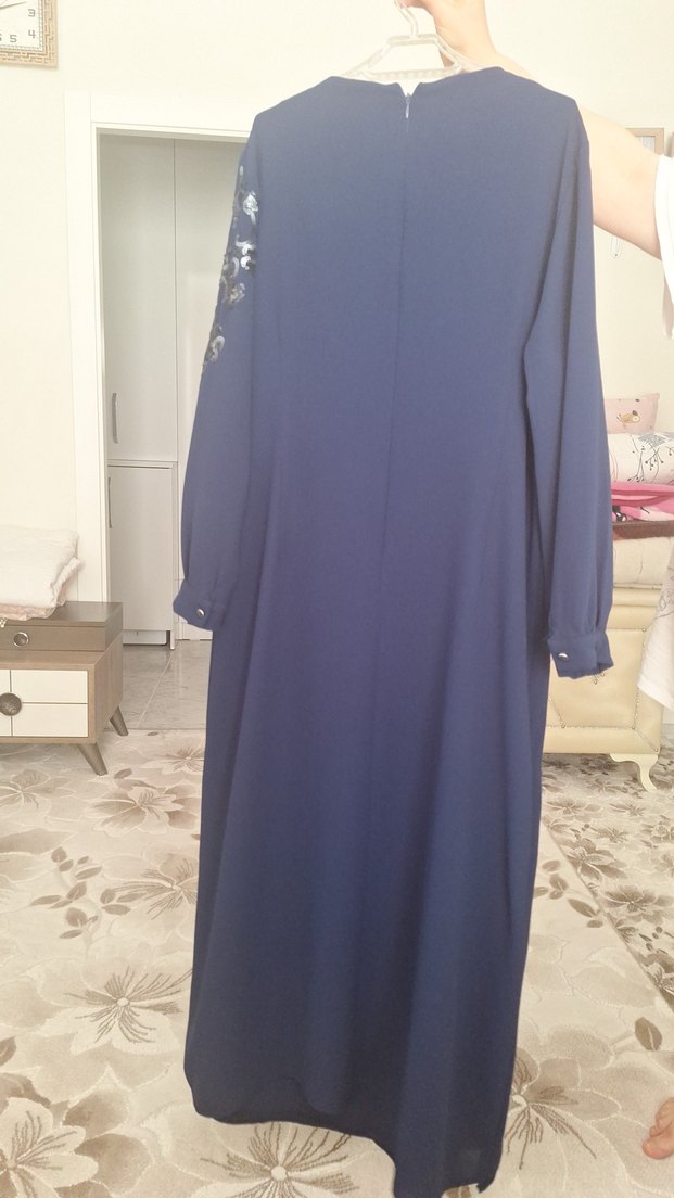 Nakış Detaylı Uzun Kollu Mavi Elbise - Görsel 2