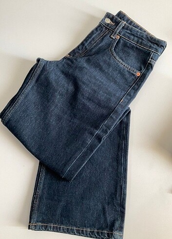Zara jean kot pantolon geniş paça orta bel koyu mavi