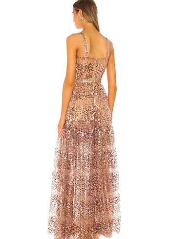 Boncuk İşlemeli Uzun Bej Kadın Elbise - Görsel 4